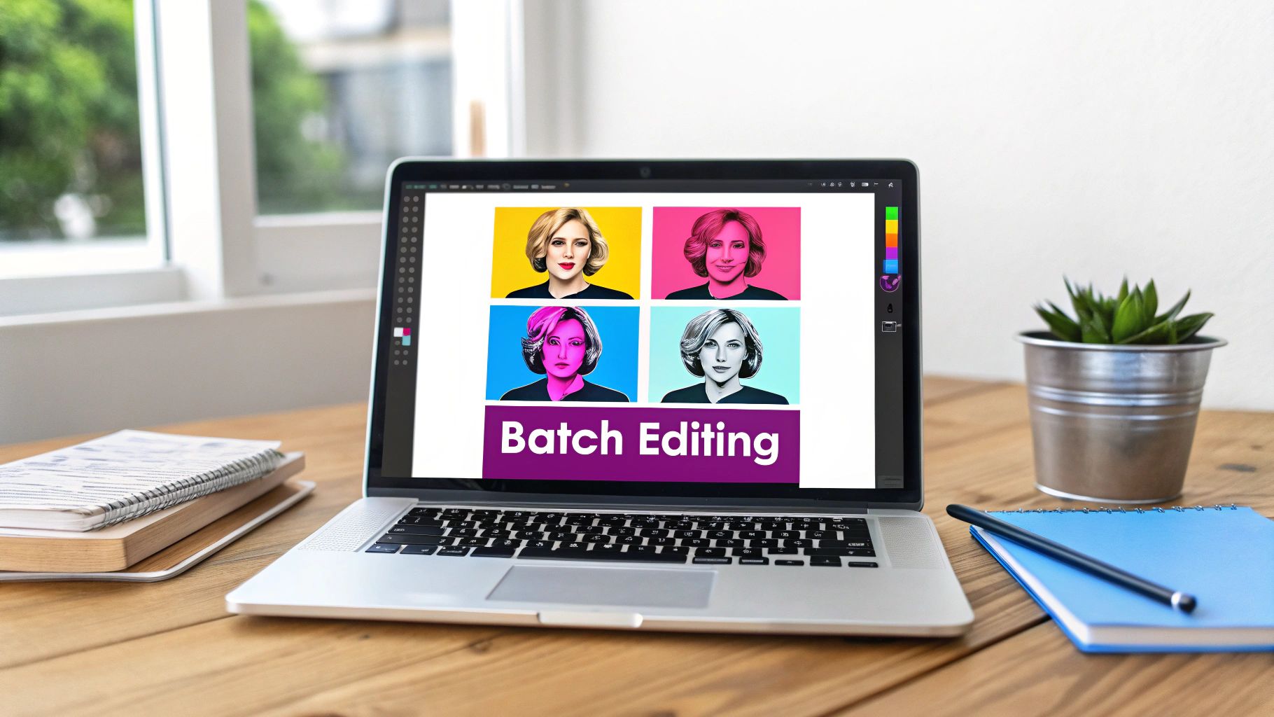 A laptop on a wooden desk displays a 'Batch Editing' graphic with colorful pop art portraits.