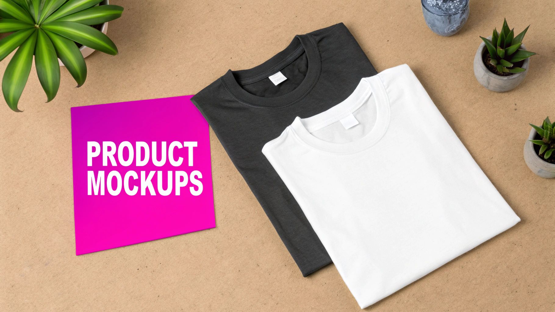 Top-down view of black and white folded t-shirts, a 'PRODUCT MOCKUPS' card, and potted plants on a brown surface.