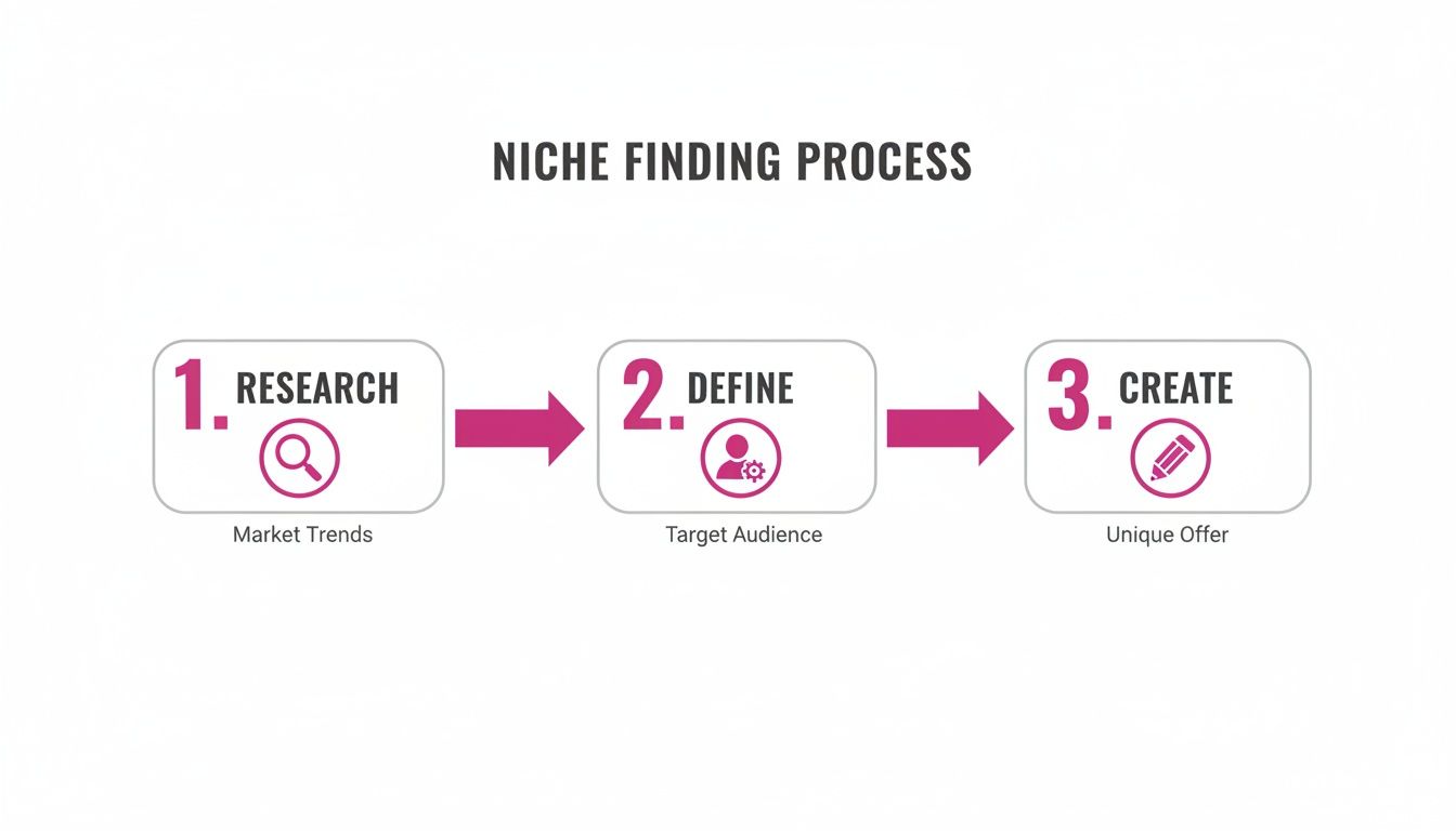 Infographic showing the Niche Finding Process steps: Research Market Trends, Define Target Audience, Create Unique Offer.