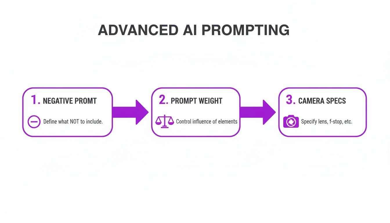 A diagram explaining advanced AI prompting techniques: negative prompt, prompt weight, and camera specs.