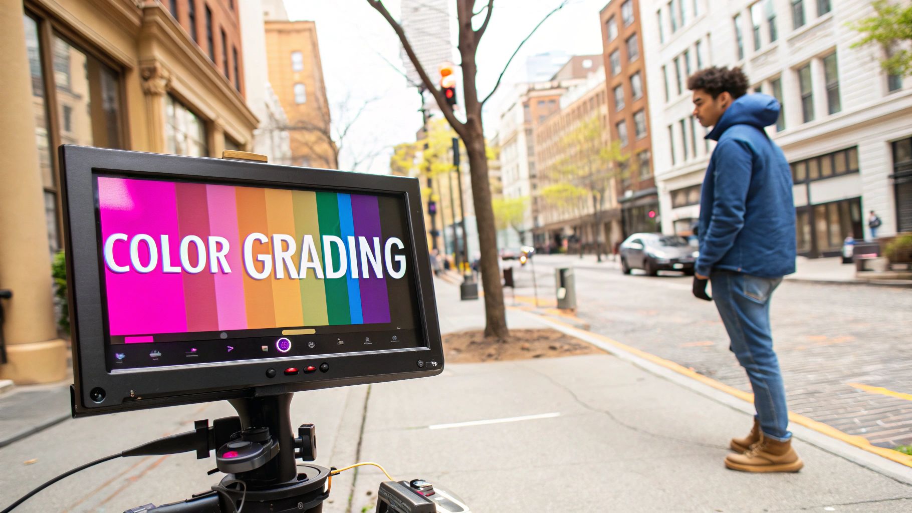 Professional color grading monitor displaying color bars on urban film set with crew member