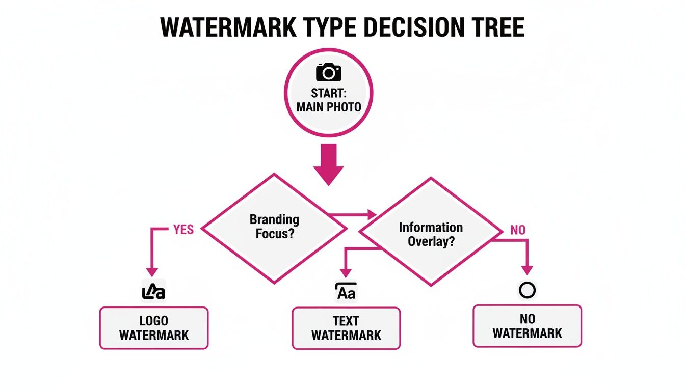 Decision tree flowchart for choosing a watermark type: Logo, Text, or No Watermark for photos.