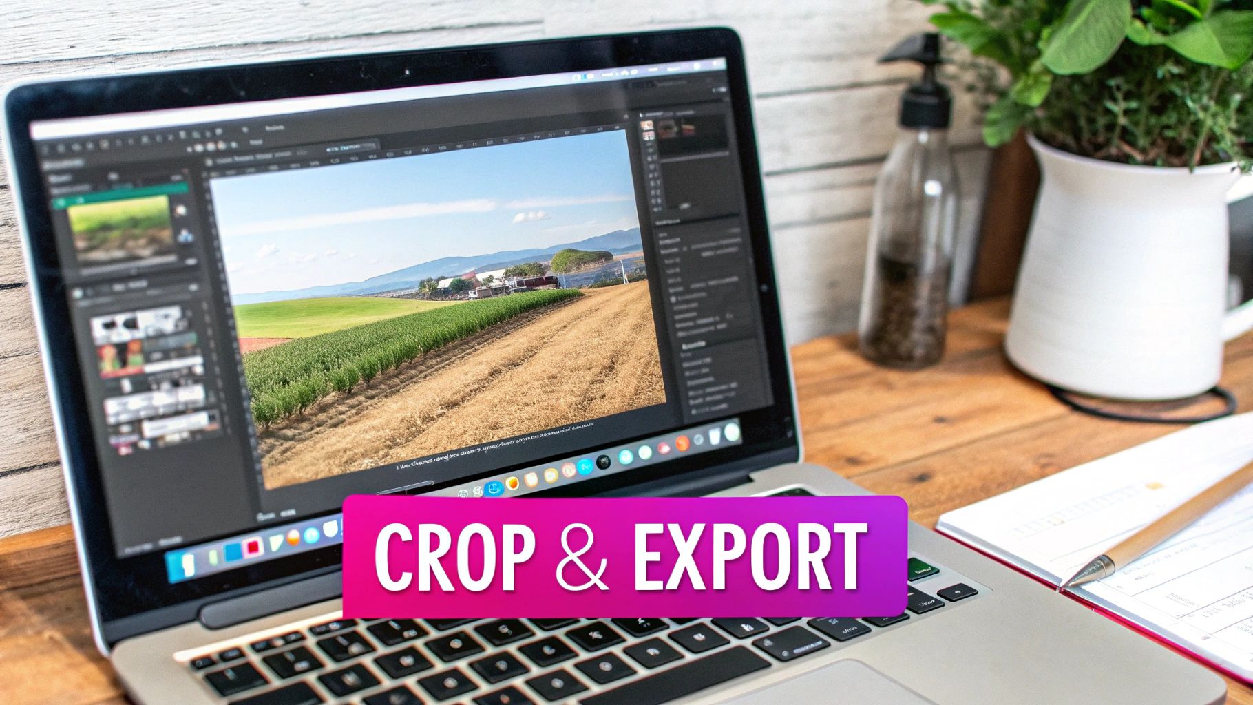 A laptop on a wooden desk shows image editing software with a landscape photo and a "CROP & EXPORT" text overlay.