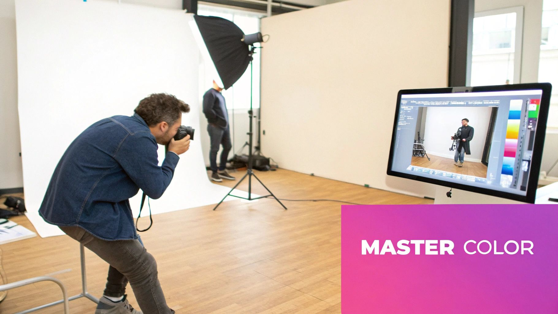 Professional photographer shooting studio portrait with computer monitor displaying live color editing preview