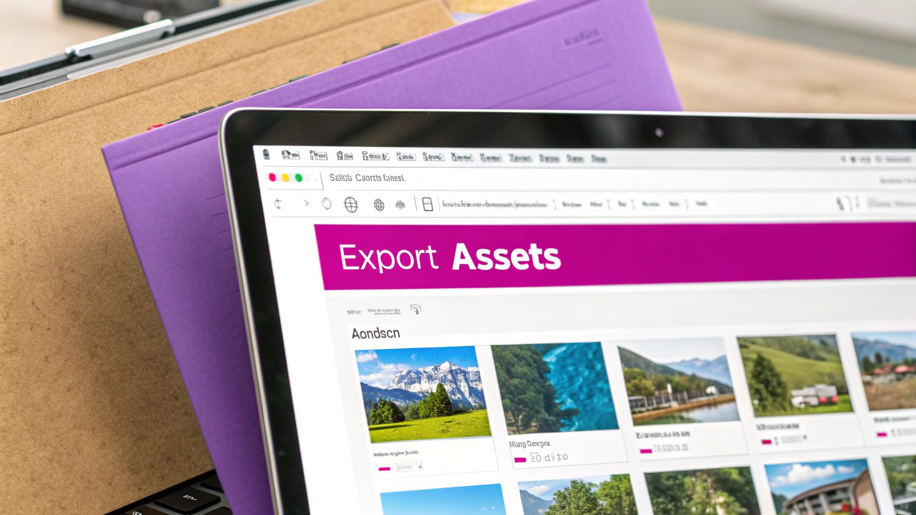 A marketing professional's desk showing a laptop with exported images being organized into folders for different social media platforms.