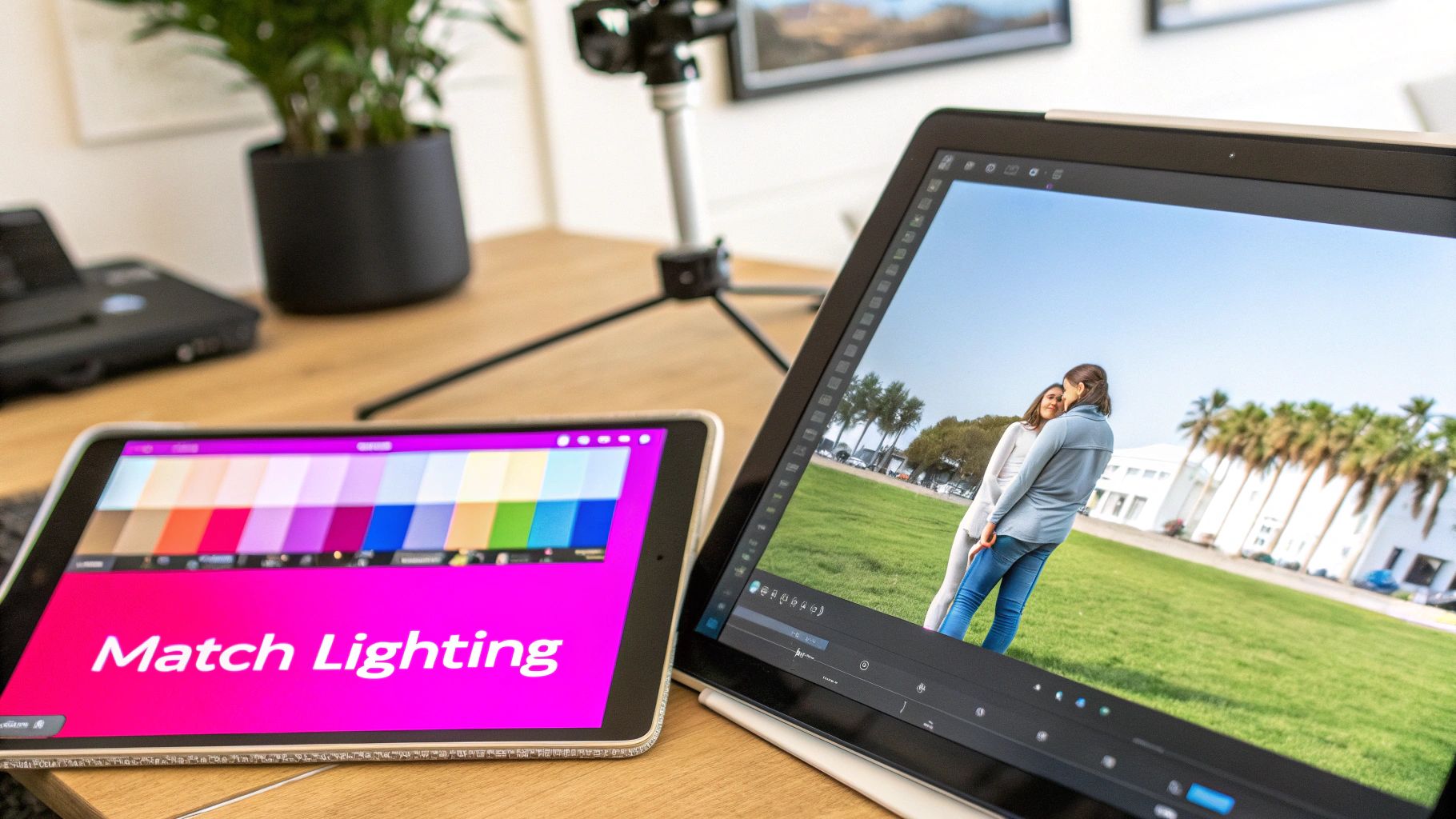Two tablets on a wooden desk, one showing 'Match Lighting' colors, the other a video editing screen.