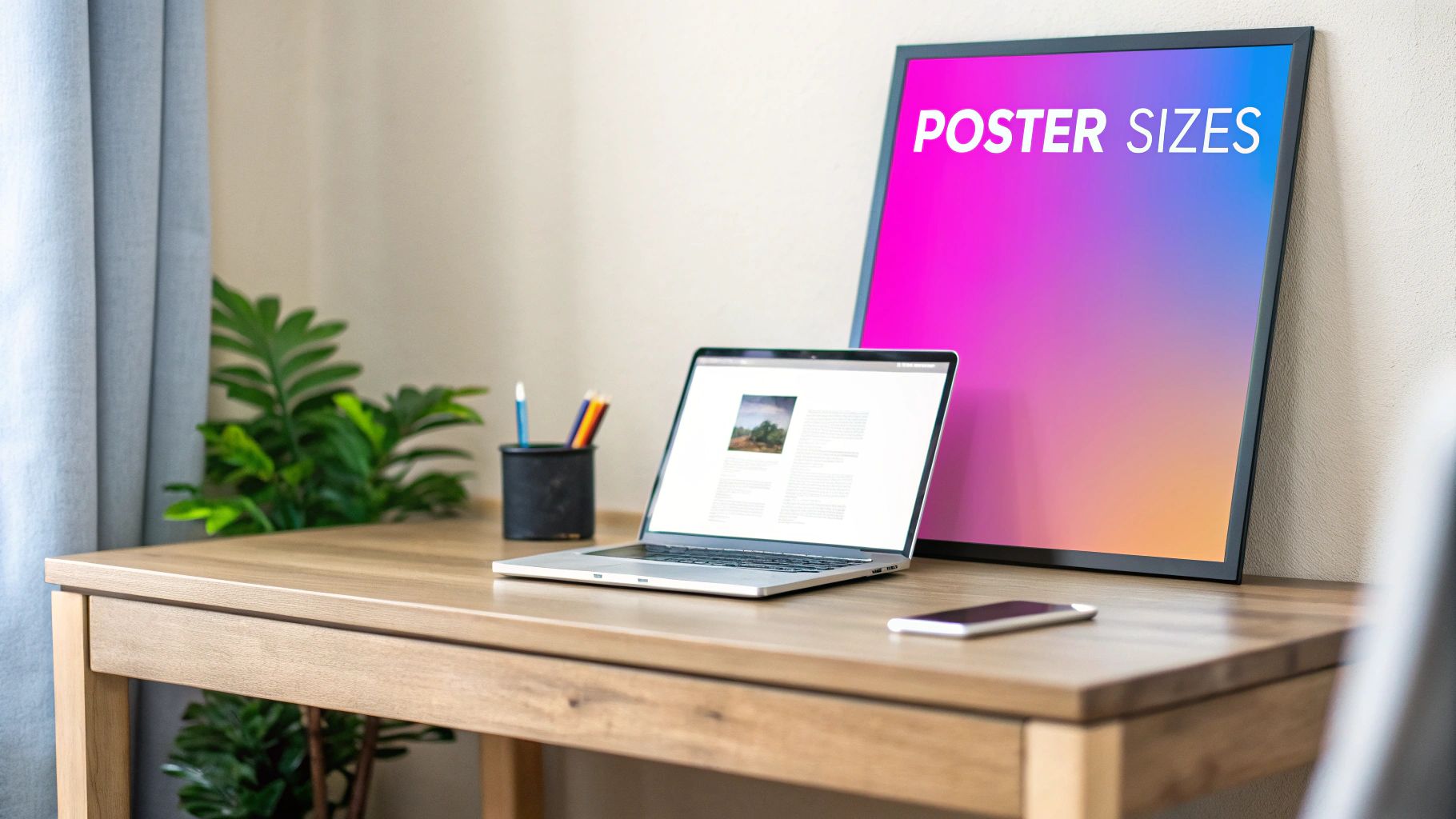 A modern workspace setup with a laptop, smartphone, and pen holder on a wooden desk, beside a framed poster displaying 'POSTER SIZES'.