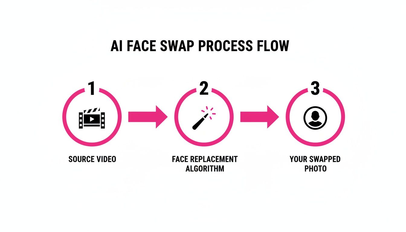 A visual diagram illustrating the AI face swap process flow, from source video to final swapped photo.