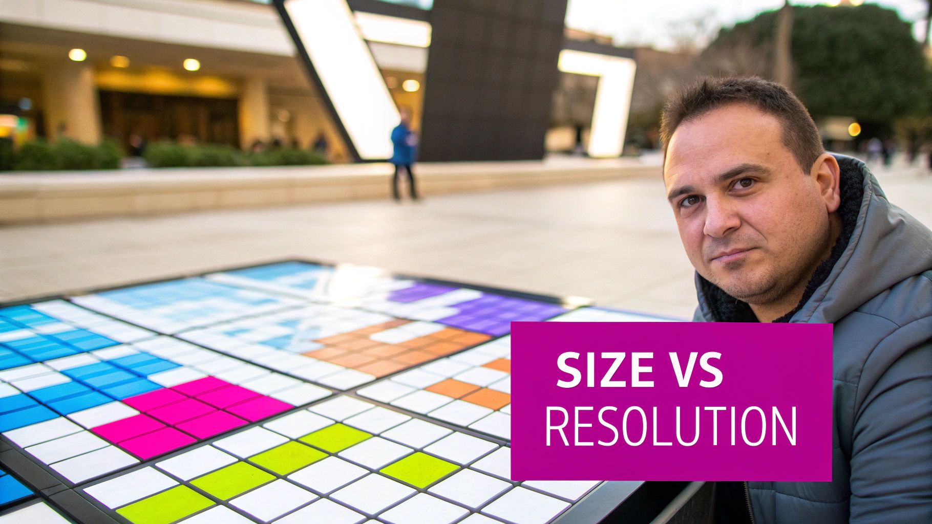 A man looks at the camera next to a colorful tiled board, with a 'SIZE VS RESOLUTION' text overlay.