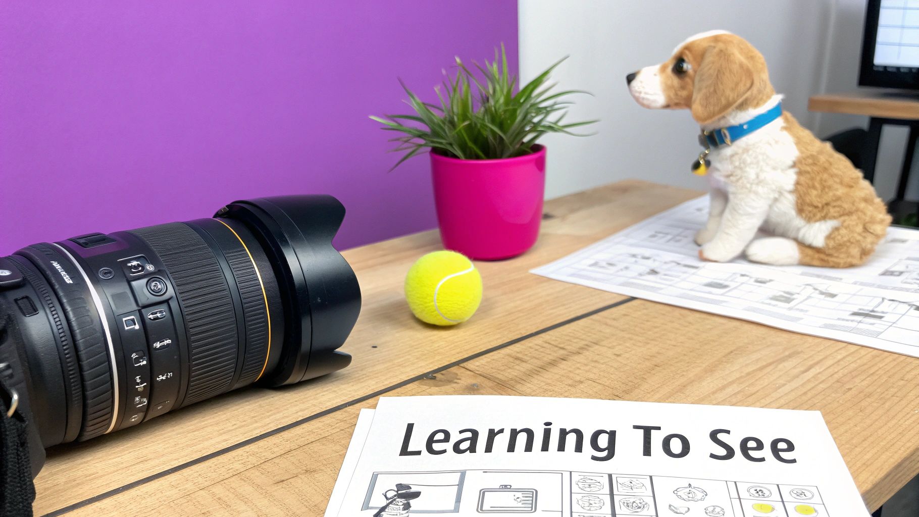 A camera lens, tennis ball, plant, and stuffed dog on a desk with 'Learning To See' paper.