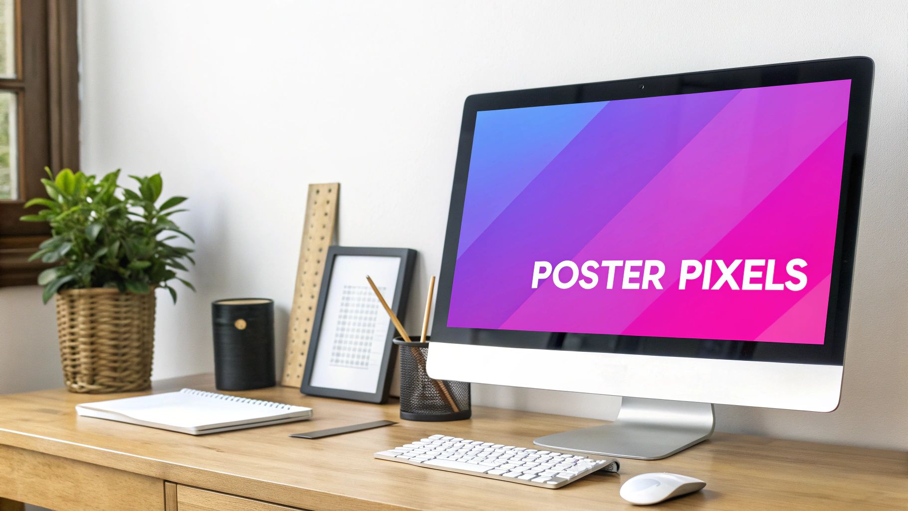 A modern desktop computer displaying 'POSTER PIXELS' on a wooden desk with a plant and office supplies.
