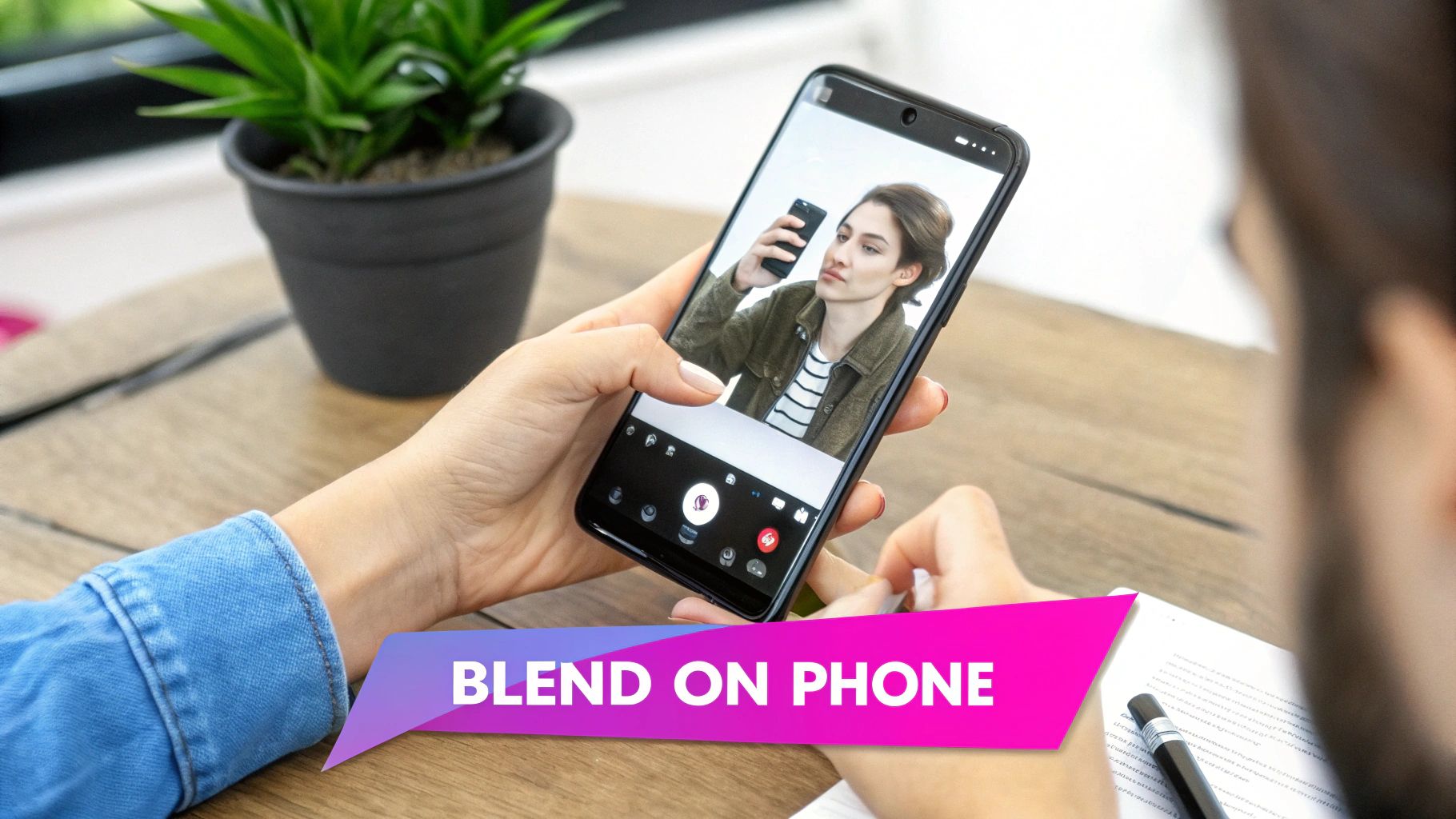 A double exposure portrait of a woman blended with a forest scene, created on a mobile phone.