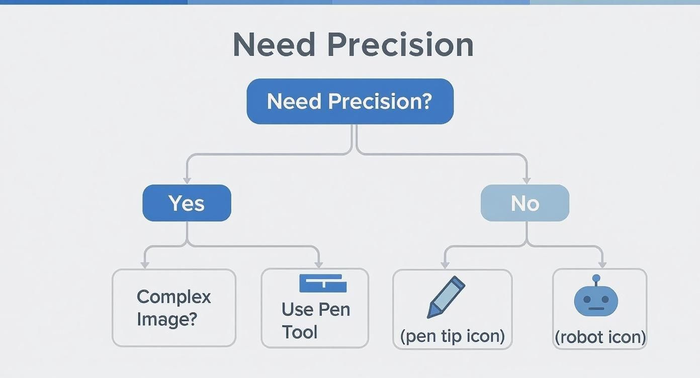 Infographic decision tree asking if precision is needed to decide between AI and manual tools.