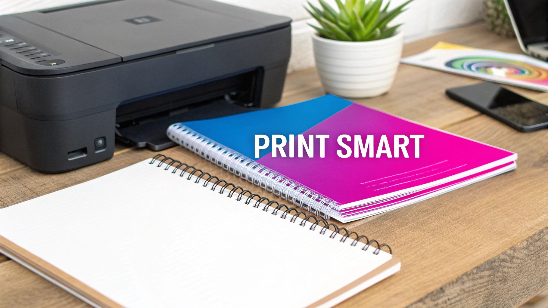 A black printer, notebooks, and a plant on a wooden desk, one notebook states 'PRINT SMART'.
