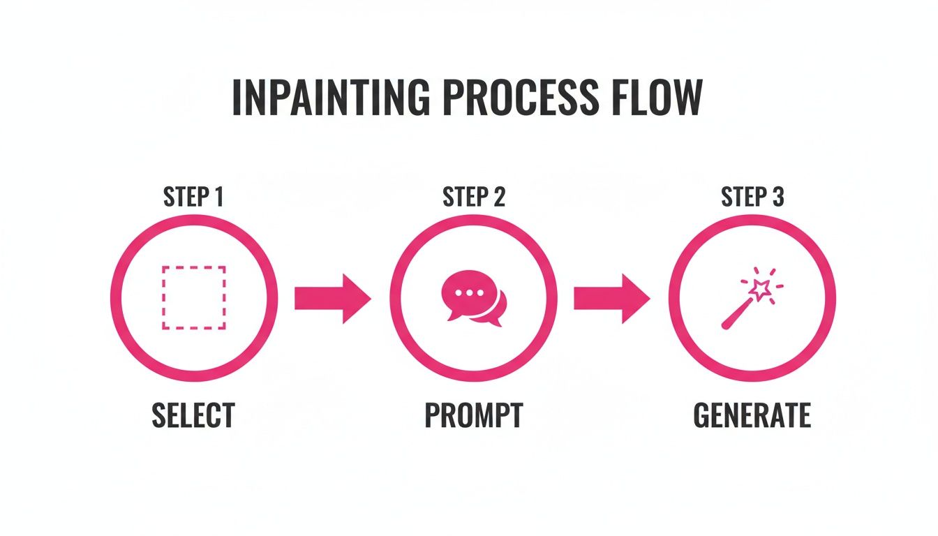 Inpainting process flow diagram showing three steps: Select, Prompt, Generate.