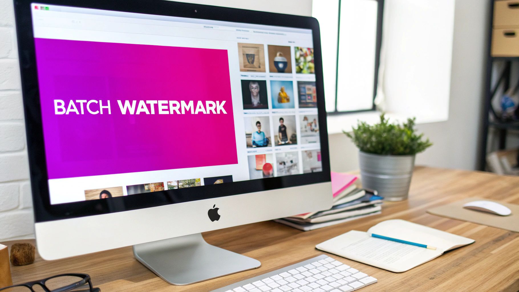 An Apple iMac displaying 'BATCH WATERMARK' on a purple screen in a home office setup.