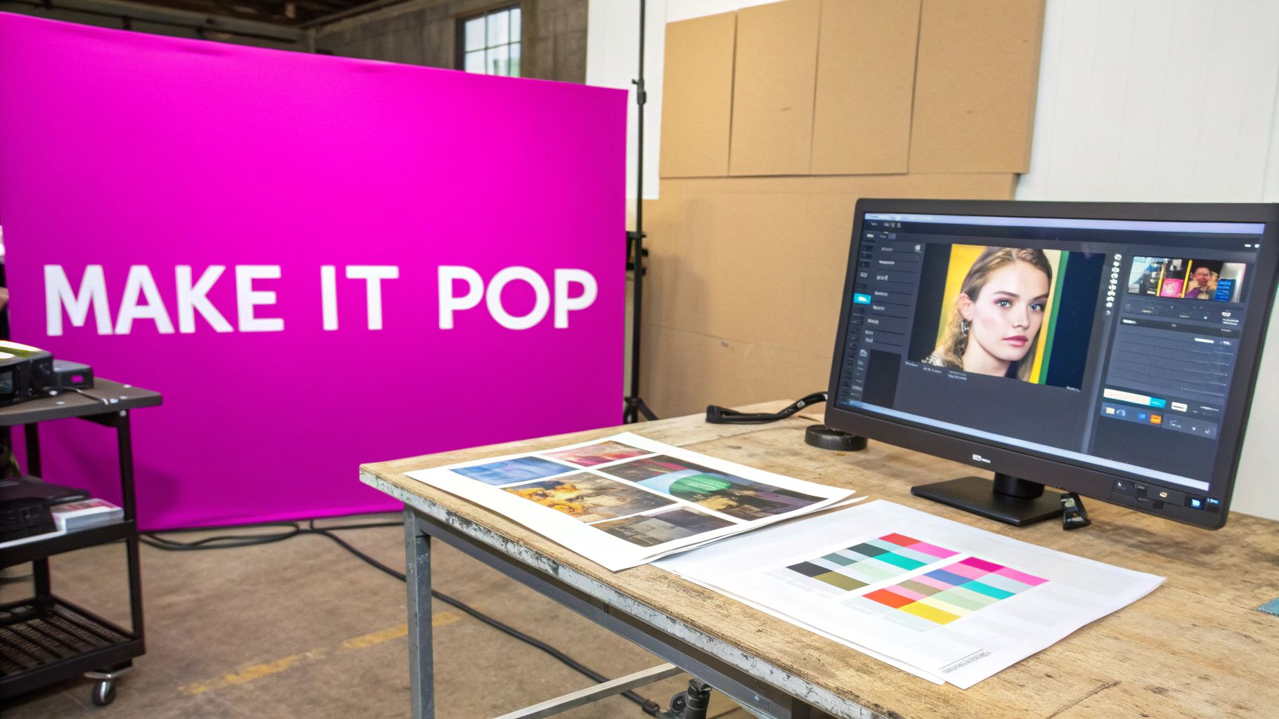 A vibrant pink banner with 'MAKE IT POP' text, a computer with image editing software, and color proofs on a wooden desk.