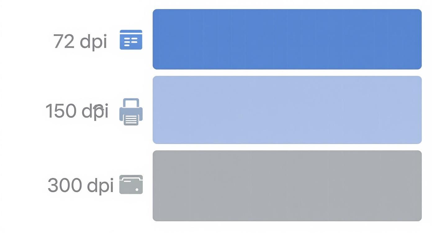 Three horizontal bars labeled 72 dpi (screen), 150 dpi (printer), and 300 dpi (card) showing resolution differences.