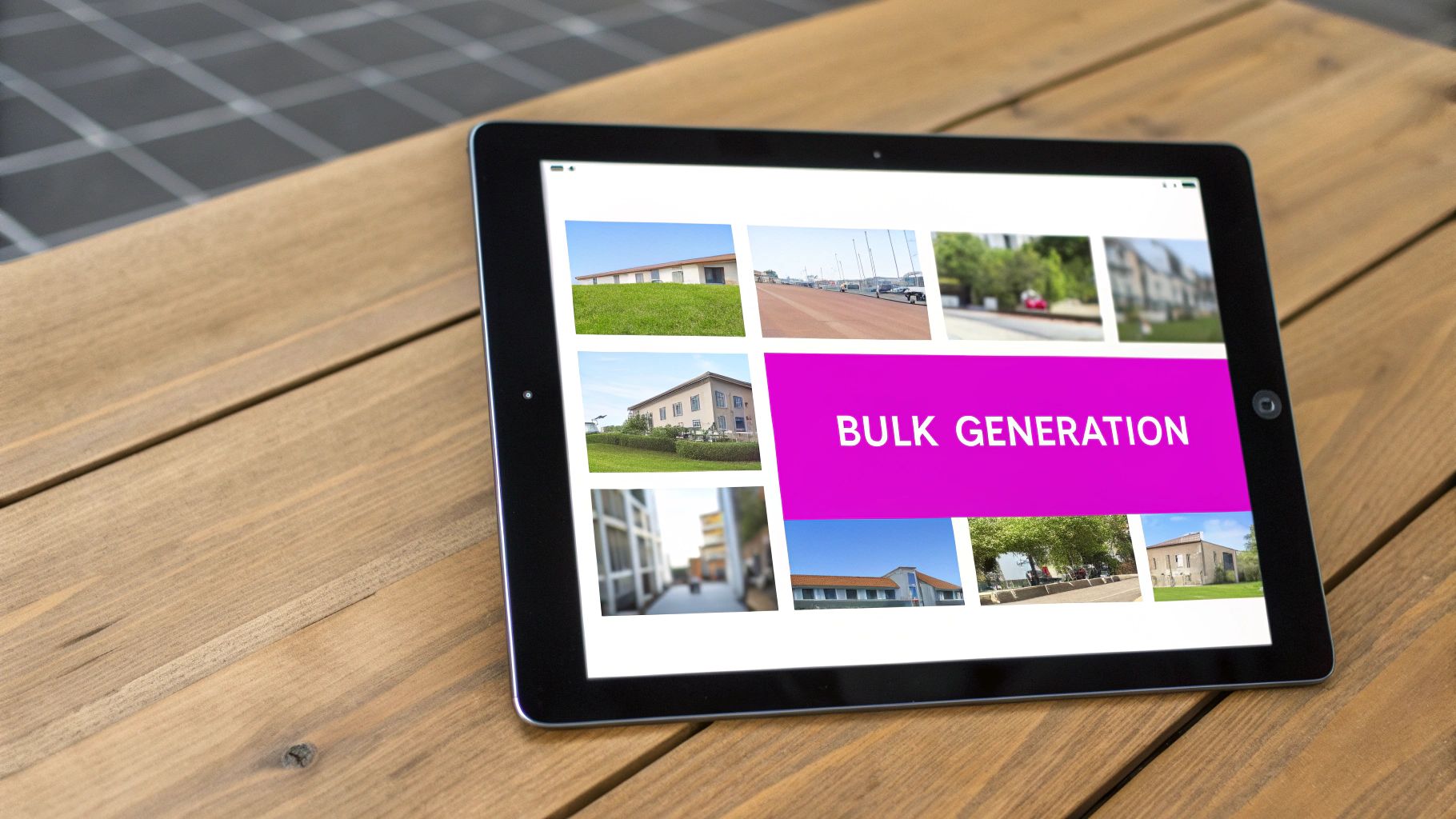 A tablet displaying image thumbnails and "BULK GENERATION" text on a wooden table.