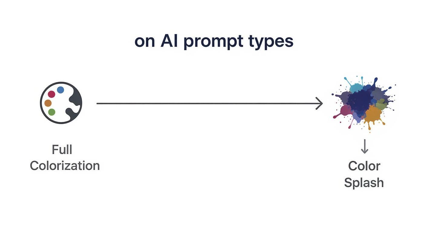 Diagram illustrating AI prompt types: Full Colorization (color palette) to Color Splash (paint splash).