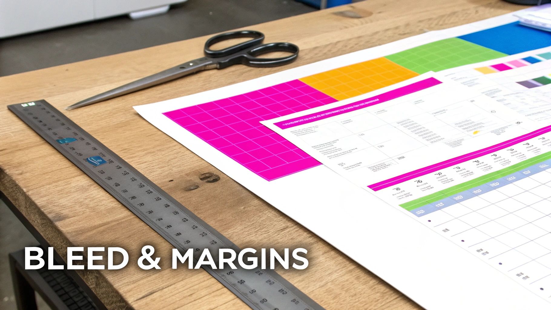 A close-up of a desk with a ruler, scissors, and a sheet of paper with print layout marked 'BLEED & MARGINS.'