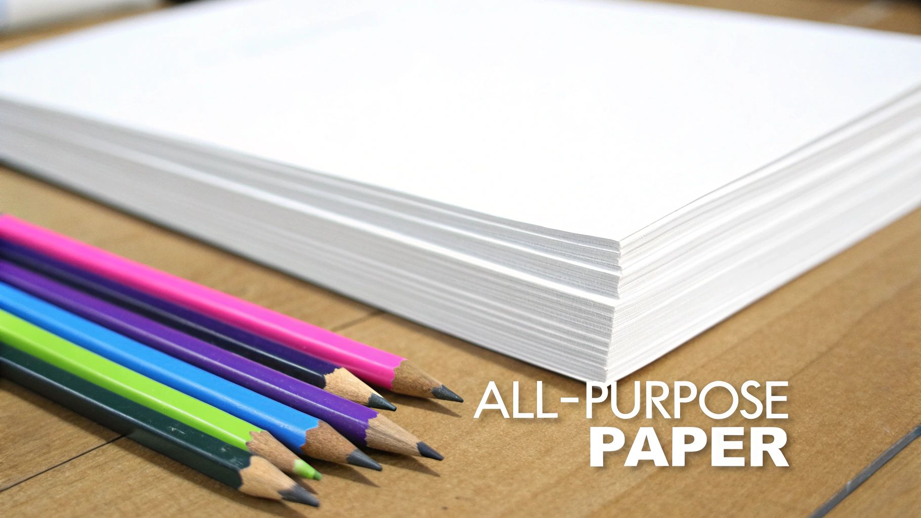 A stack of white all-purpose paper next to colorful pencils on a wooden desk.