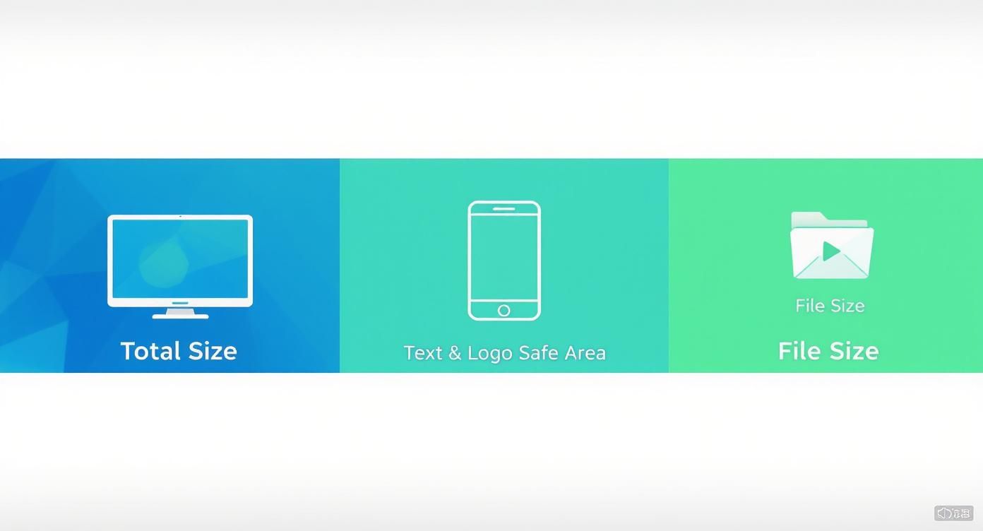 Infographic displaying total size, text & logo safe area, and file size with relevant icons.