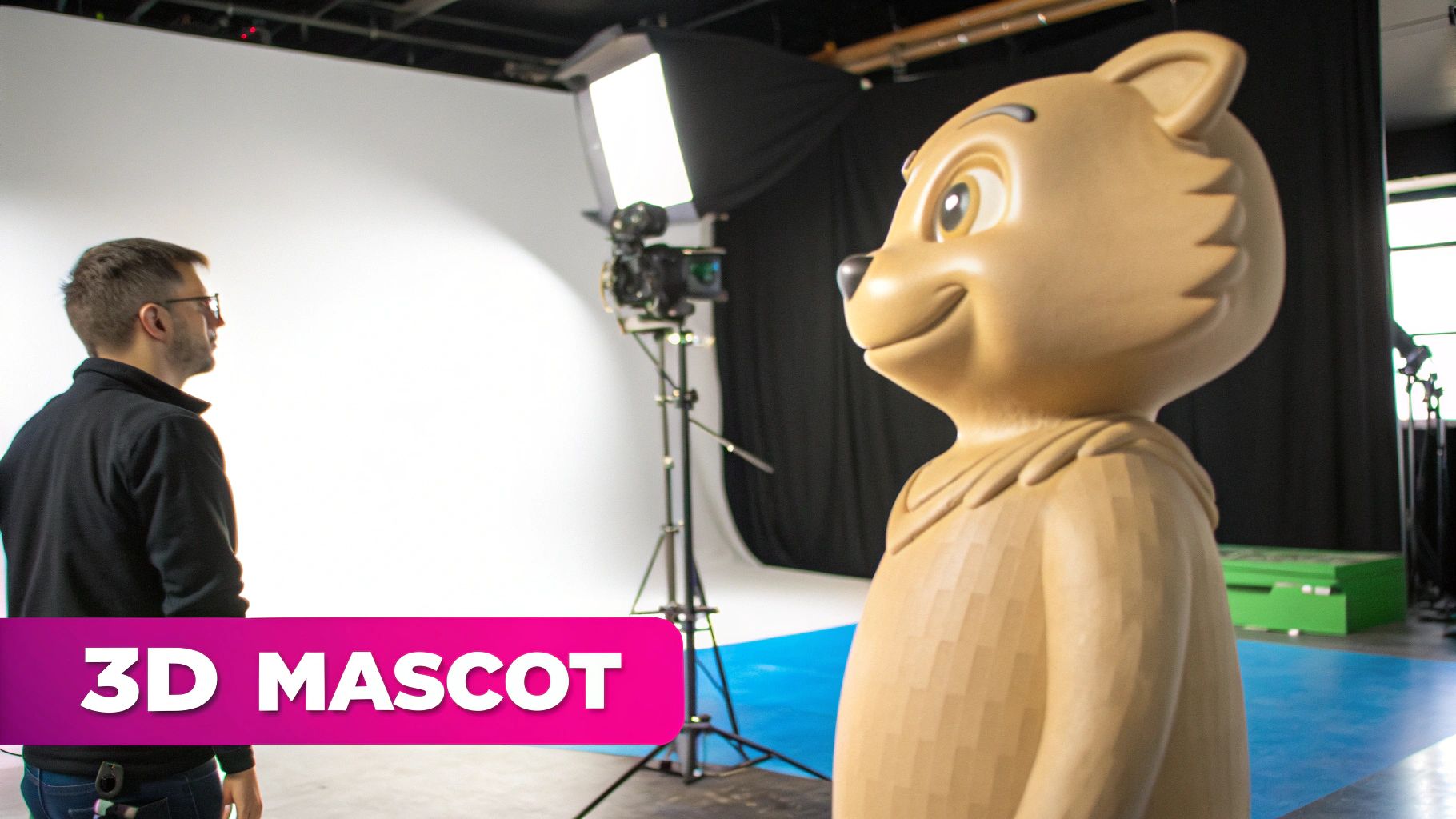 A man in a studio observes a large brown 3D bear mascot, with studio lighting and a camera.