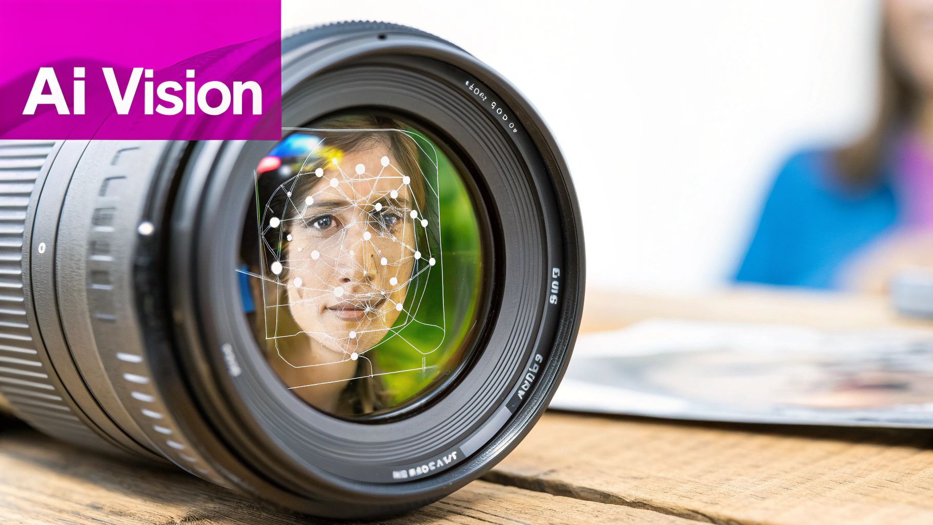 A person using a laptop with an AI interface to edit photos, showing abstract visual data representations overlaying the images.