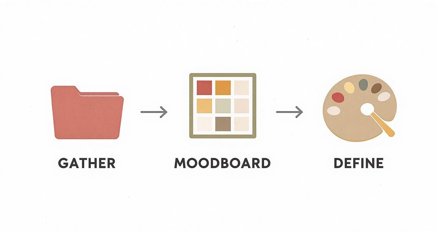 A graphic depicting a three-step creative process: Gather (folder), Moodboard (color grid), and Define (paint palette).