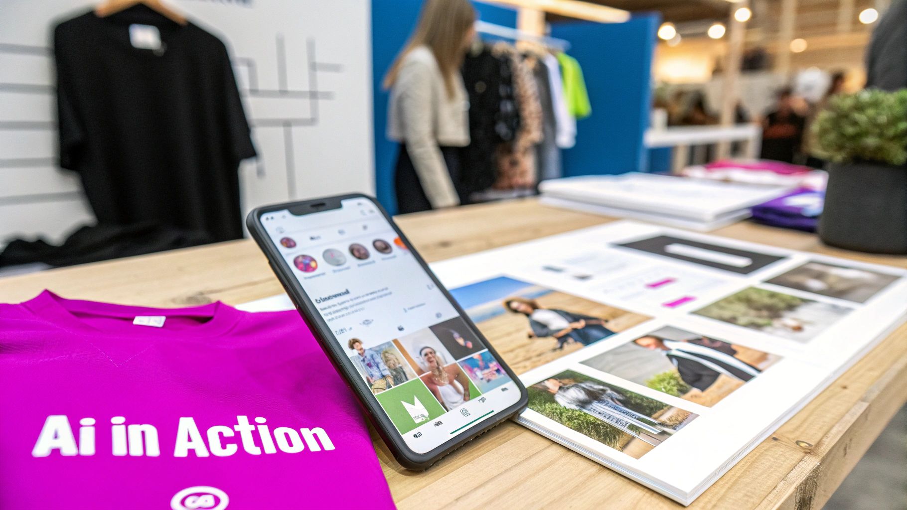 Close-up of a magenta 'Ai in Action' t-shirt, smartphone, and fashion photography prints on a table.