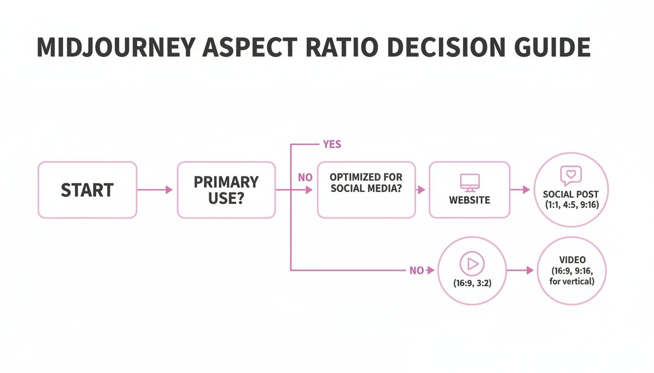 Flowchart guiding Midjourney users to select optimal aspect ratios based on primary use and media.