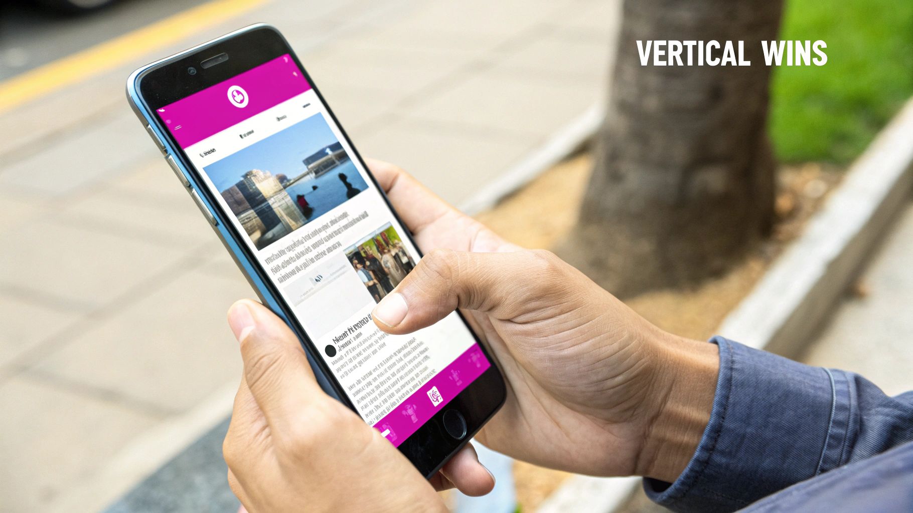 A person holds a smartphone displaying a pink and white news app outdoors, with “VERTICAL WINS” text.
