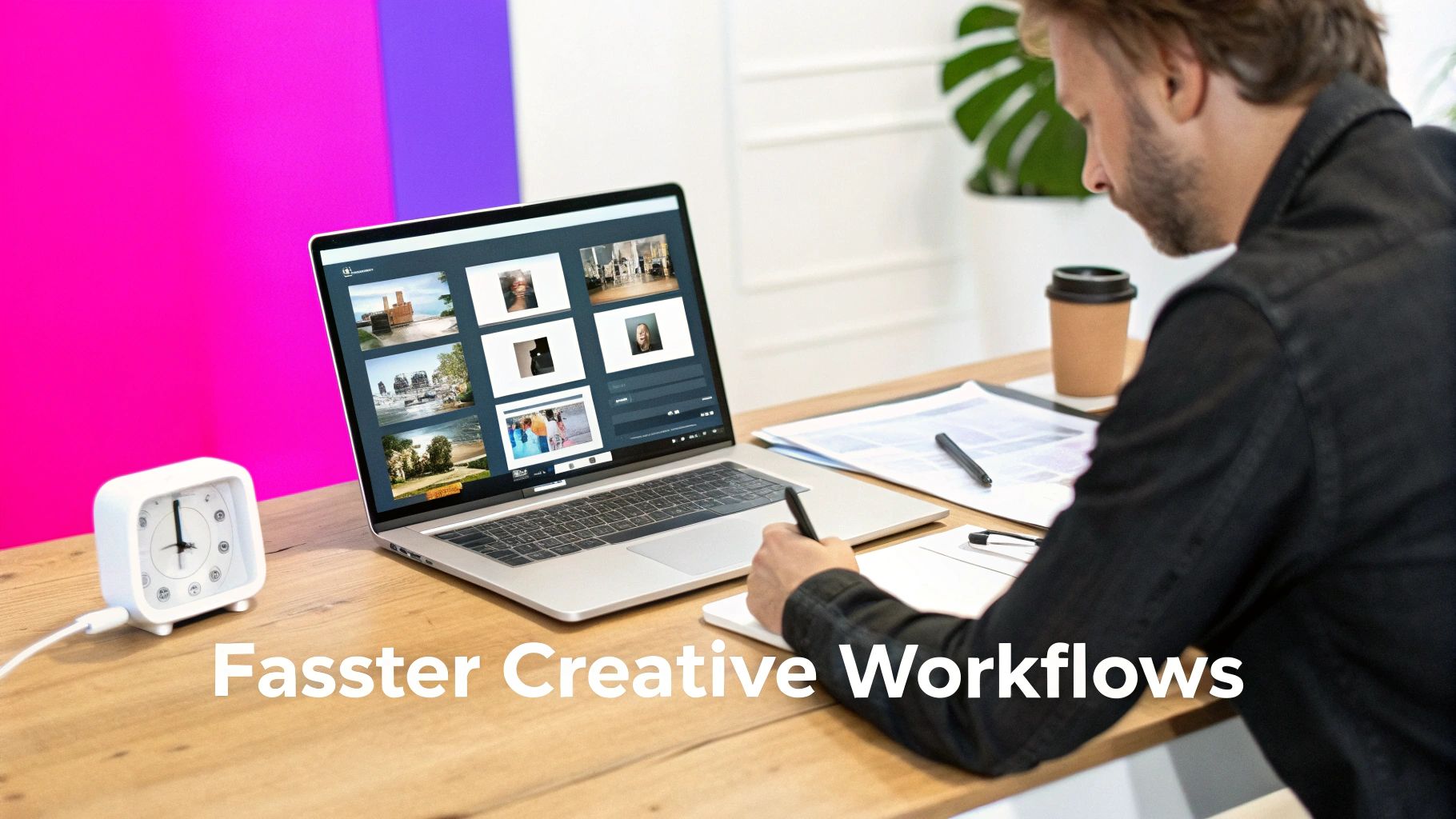 Professional working on a laptop displaying creative assets, making notes at a modern desk.