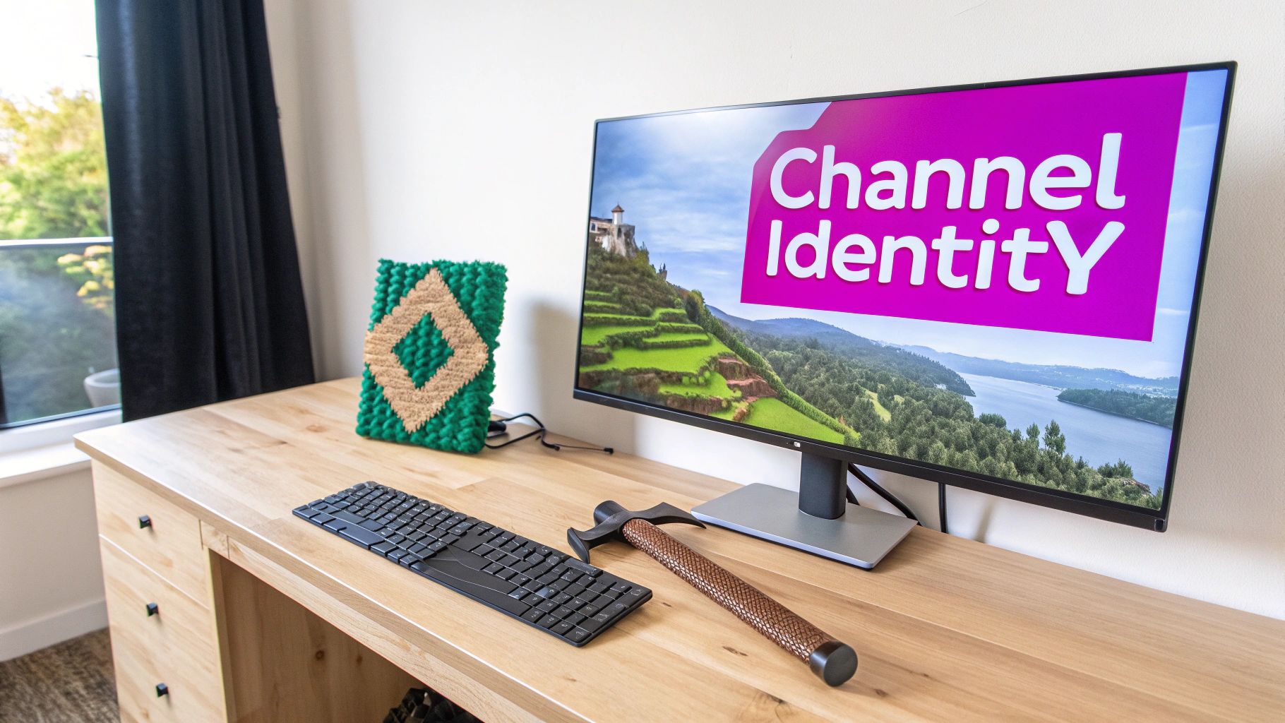 A modern workspace featuring a wooden desk with a monitor displaying "Channel IdentityY", a keyboard, and decorative items.
