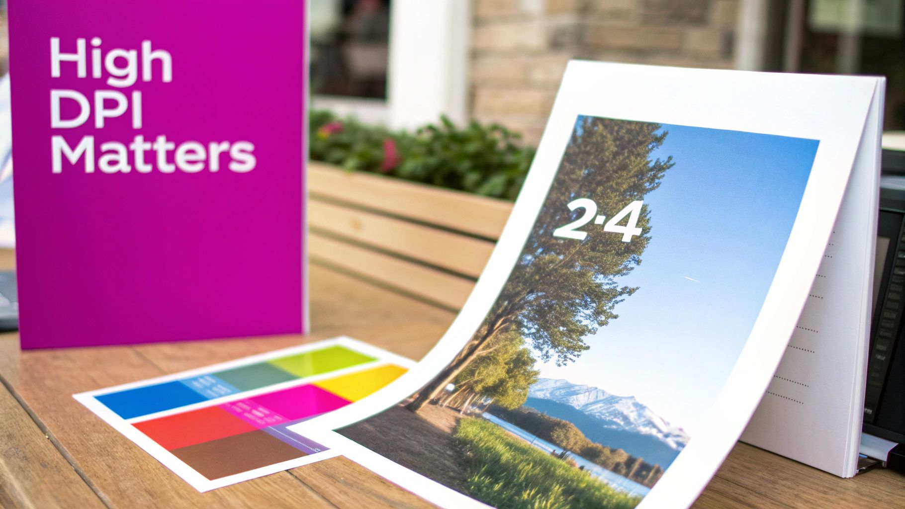 Printed materials: 'High DPI Matters' booklet, a color test strip, and another booklet with a landscape image.