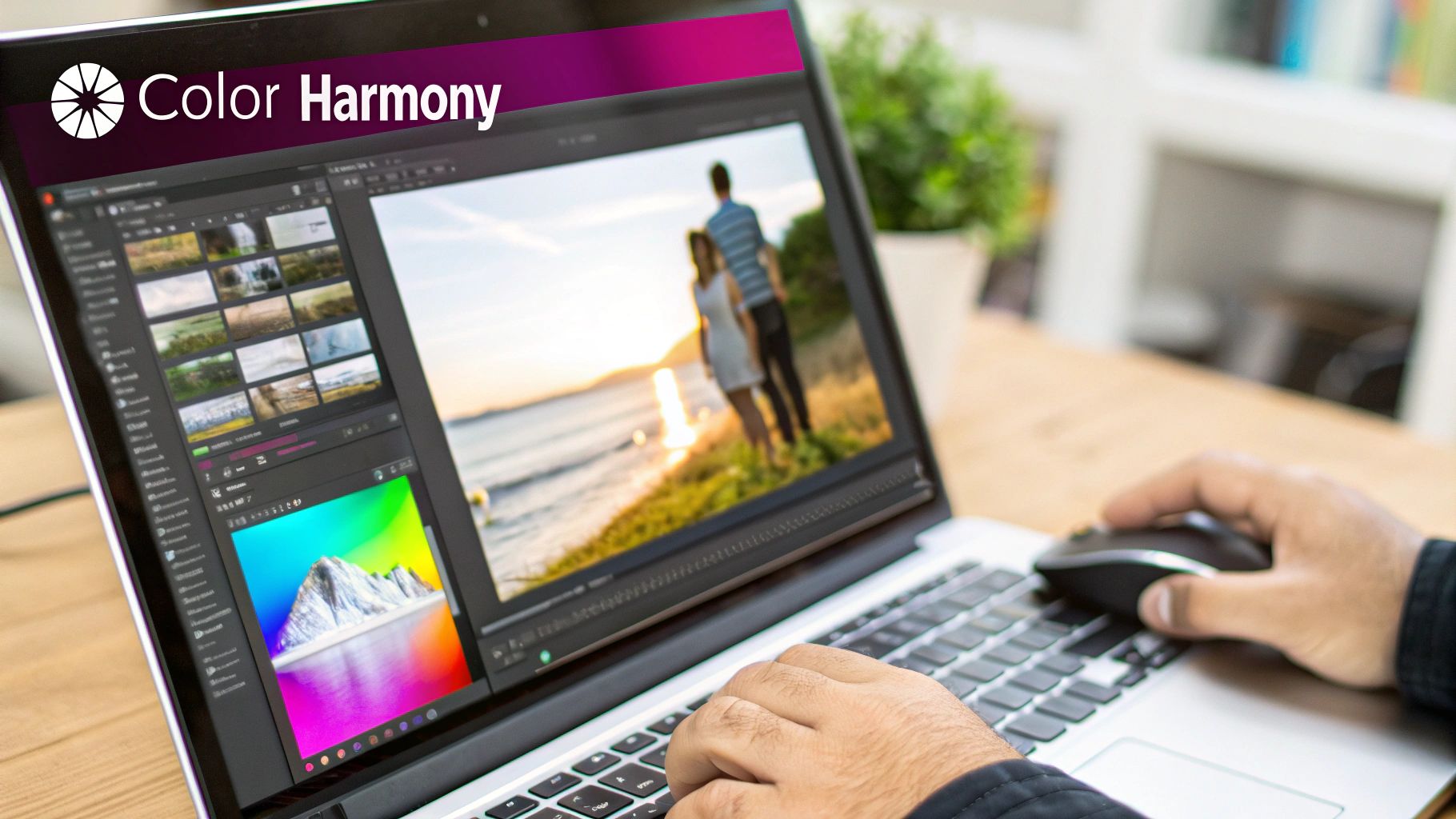 Person editing photos on a laptop with 'Color Harmony' software displaying images, using a mouse and keyboard.