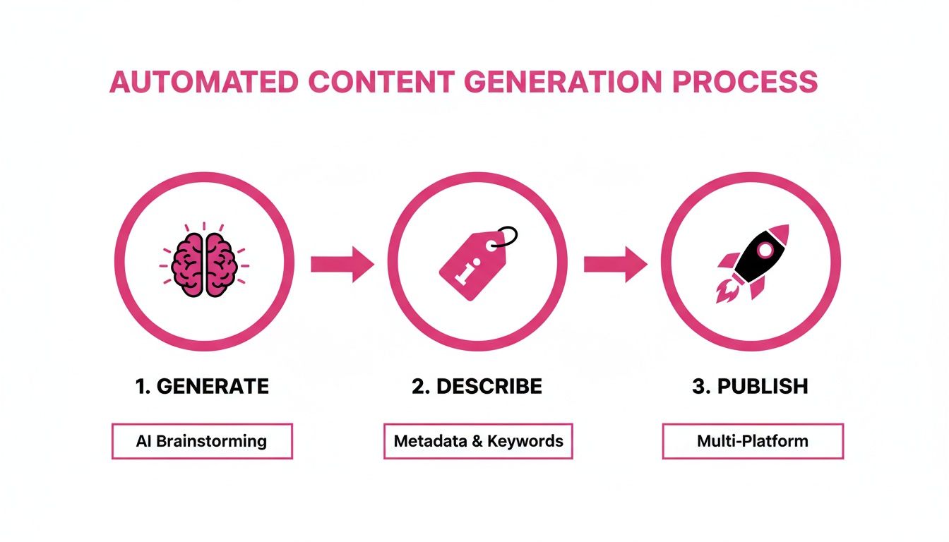 Infographic detailing the automated content generation process: AI brainstorming, metadata & keywords, and multi-platform publishing.