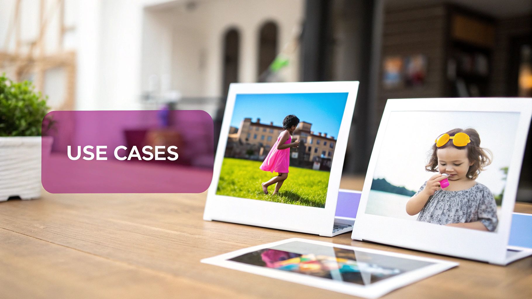 Two framed photos of children and a purple 'USE CASES' text on a wooden table.