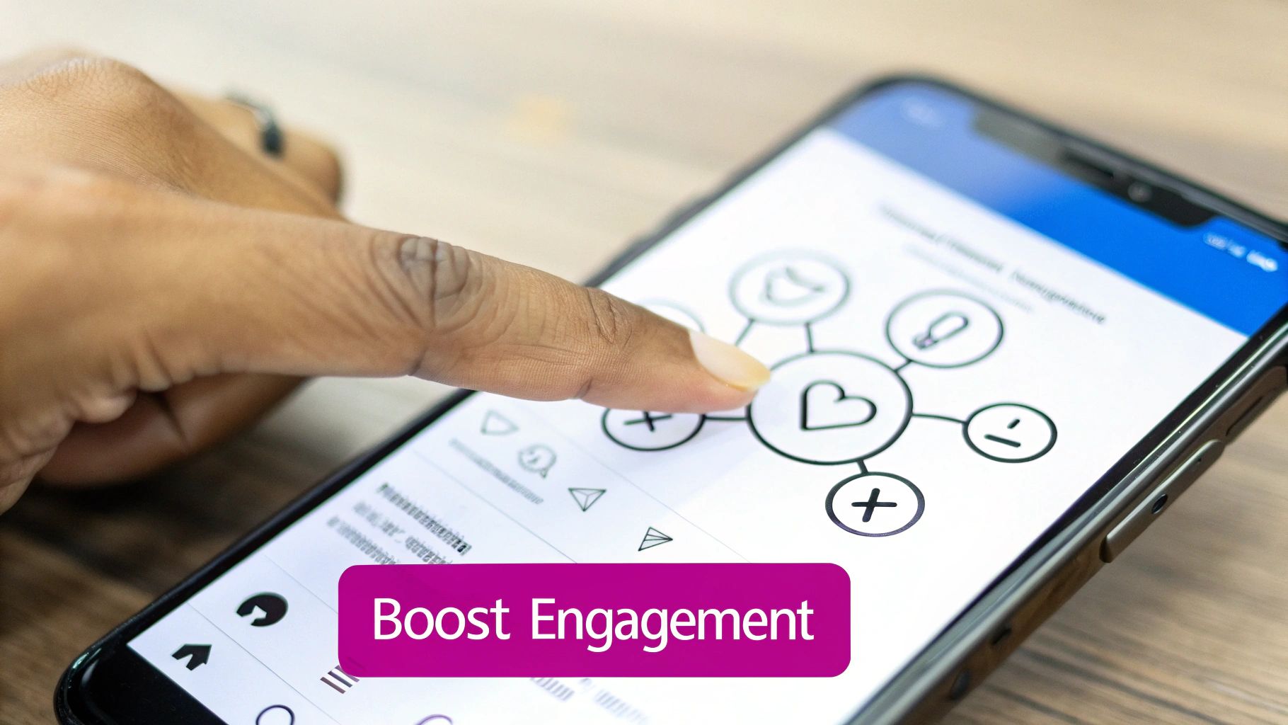 A person's finger taps a smartphone screen displaying social media engagement icons and the text 'Boost Engagement'.