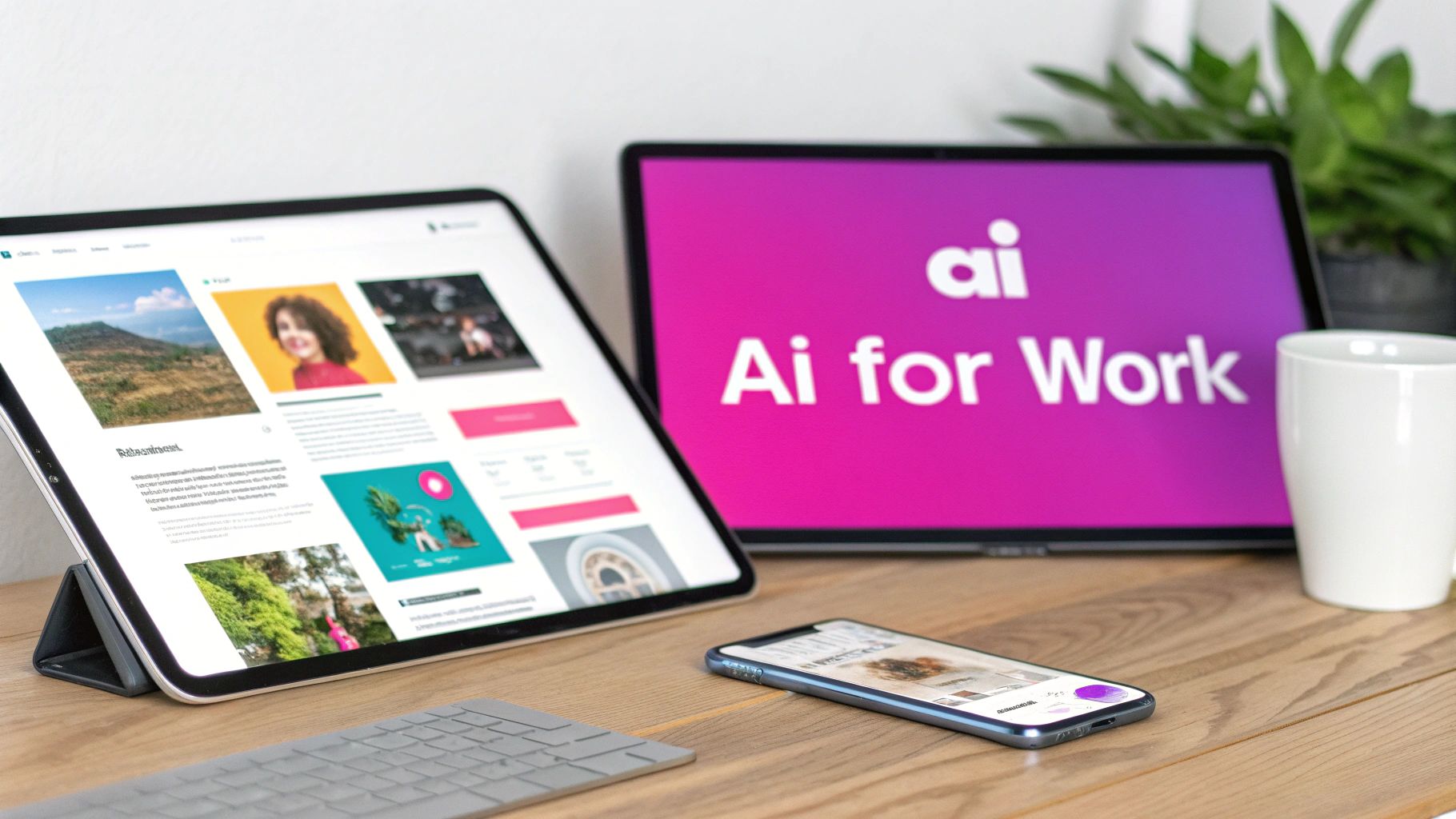 A modern workspace setup with a tablet, laptop displaying 'Ai for Work', smartphone, and keyboard.