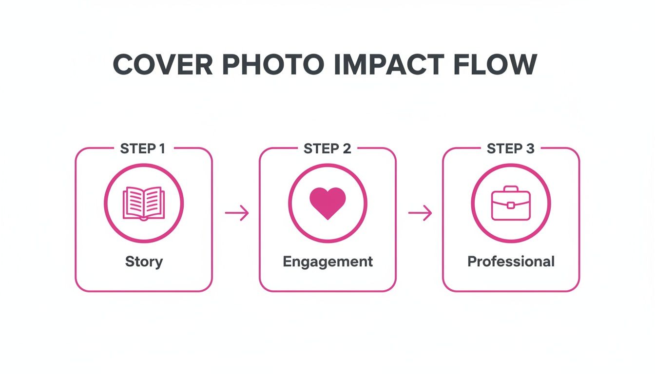 Flowchart illustrating three steps for cover photo impact: Story, Engagement, and Professional.