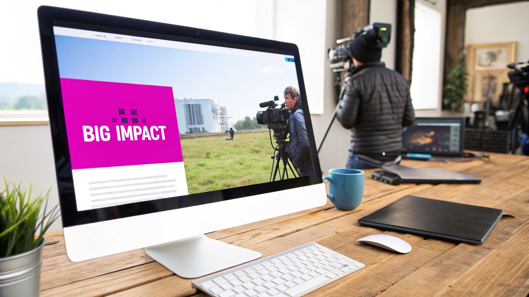 A desktop computer screen displays a video production scene with a cameraman, alongside a keyboard and mouse on a wooden desk.