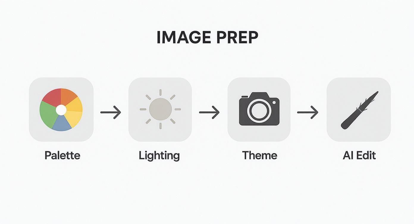 Flowchart showing image preparation steps: Palette, Lighting, Theme, and AI Edit.