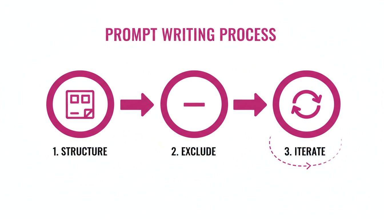 An infographic illustrating the 'Prompt Writing Process' with three steps: Structure, Exclude, and Iterate.