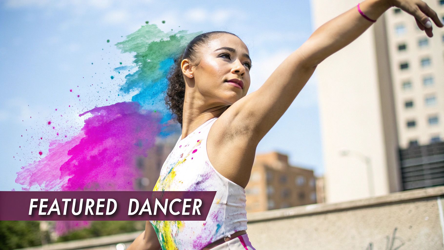 A graceful female dancer in a white top with colorful powder bursts behind her outdoors.