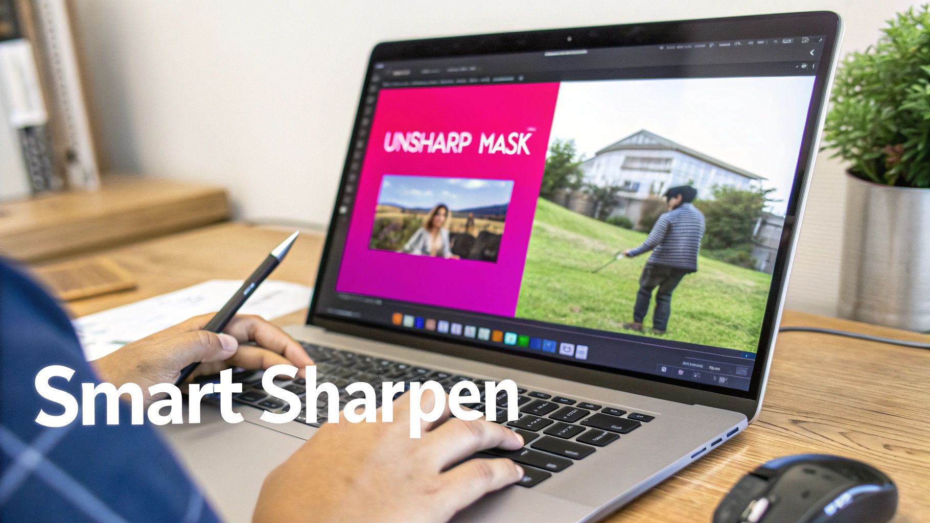 A before-and-after comparison showing a severely blurry photo transformed into a clear one by AI.