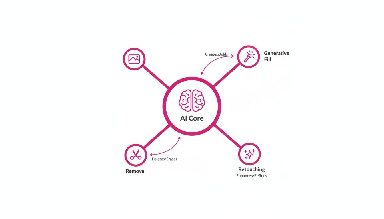Diagram illustrating AI Core's functions in image editing, including generative fill, removal, and retouching.