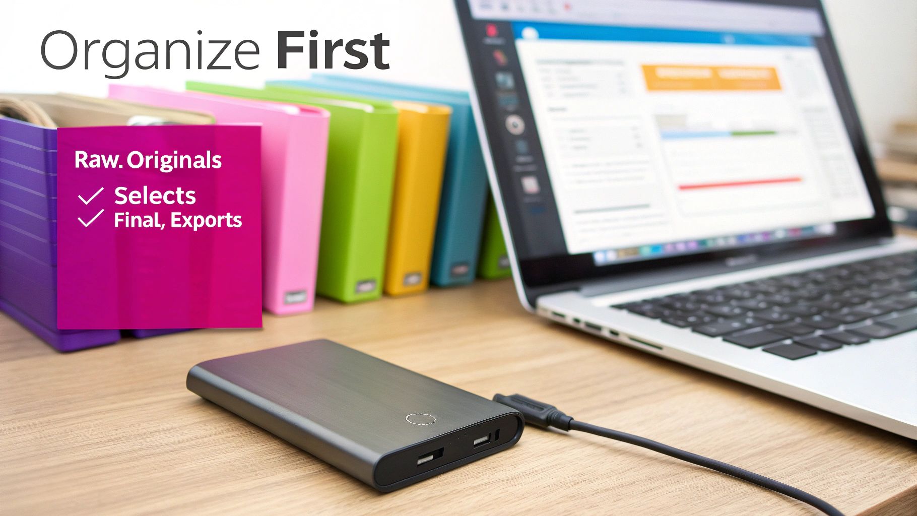 Organized workspace with colorful folders, laptop, and external hard drive for digital file management