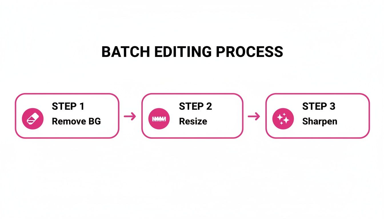 A flowchart illustrates a batch editing process, detailing three steps: remove background, resize, and sharpen.